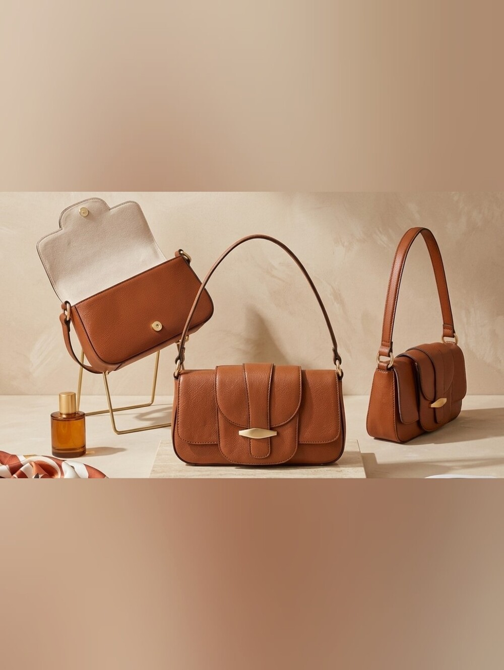 Time and Tru Brown Faux Leather Shoulder Bag with Gold Accent